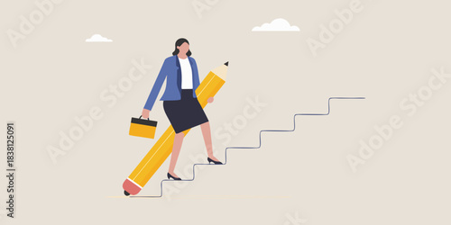 Woman walking with a pencil as a leg climbing stairs to success