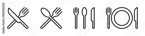 A set of line art cutlery icons, including crossed knife and fork, spoon and fork, and a full place setting with a plate.