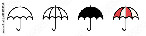 A set of umbrella icons, showing line art, solid black, and a colorful red and white striped version.