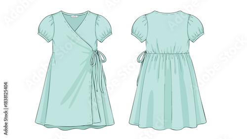 Illustration showcasing a front and back view of a light teal wrap dress with short sleeves, emphasizing design details and construction