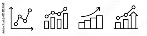 A set of line art growth chart icons, depicting various forms of data visualization and upward trends.