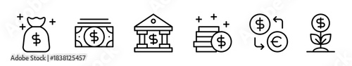 A set of line art money and finance icons, including a money bag, cash, bank, coins, currency exchange, and growth.
