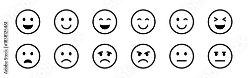 A comprehensive set of line art emoji icons, depicting various facial expressions from happy to sad and angry.