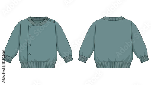 Illustration of a stylish baby sweater design showcased from both the front and back views in a technical flat drawing with button detail