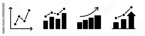 A set of line art growth chart icons, depicting various forms of data visualization and upward trends.