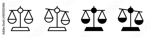 A set of line art scales of justice icons, showing different levels of balance, symbolizing legal and ethical concepts.