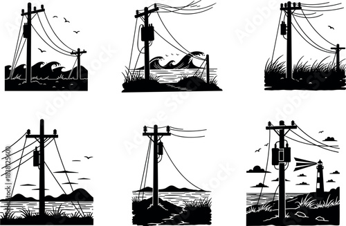 Flavector, coastal utility poles, seaside power lines, ocean silhouettes, electrical infrastructure, birds, lighthouse, nature integration