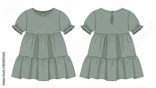 Technical drawing of a tiered dress with short puff sleeves design mockup for kids clothing fashion illustration