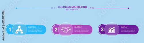 Modern Business Marketing Infographic Template with Three Sequential Steps for Strategic Planning and Growth