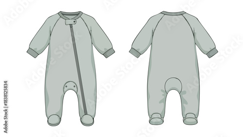 Infant Zip-Up Footed Pajamas Technical Flat Fashion Illustration Template for Baby Clothing Design and Manufacturing