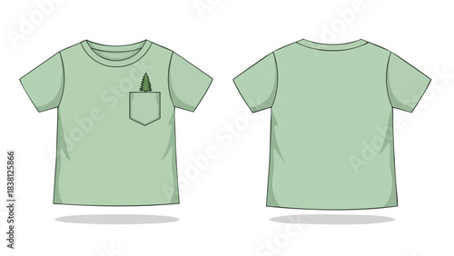 Whimsical Sage Green T-Shirt Featuring a Pocket with a Charming Pine Tree Design and Double Sided View