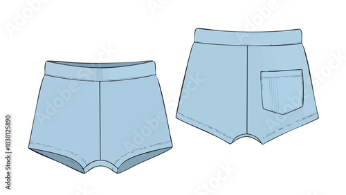 Technical sketch illustrating the design and construction of light blue shorts displaying details on the style