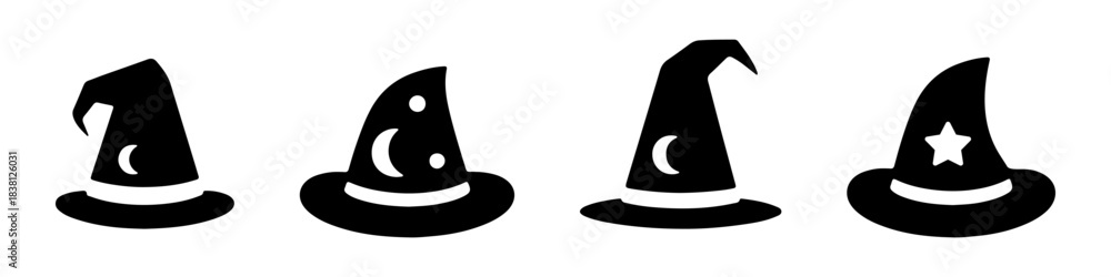 Fototapeta premium A collection of wizard hat icons in black silhouette, depicting different styles of pointy hats.