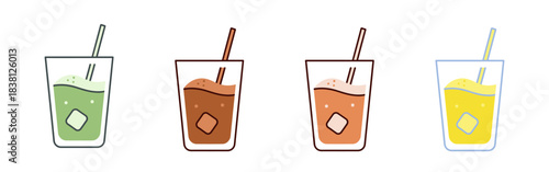 A set of colorful cold drinks in glasses with straws and ice, featuring matcha, iced latte, and lemonade.