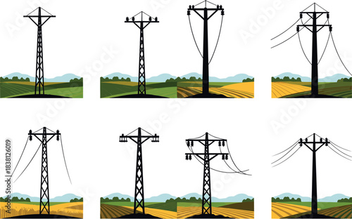 Flavector, rural transmission towers and utility poles, electrical infrastructure silhouettes, power grid layout, insulators, landscape