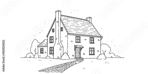 Sketch of a charming old stone cottage with a thatched roof and small garden.