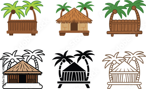 Six tropical hut and palm tree icons in various styles bungalow island