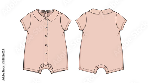 Technical Illustration of Baby Romper Design Front and Back View Detailing Buttons and Collar in Soft Pastel Shade Depicted on White Backdrop