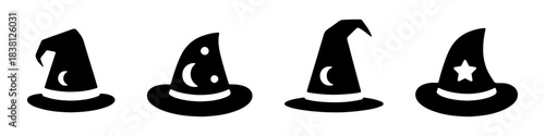 A collection of wizard hat icons in black silhouette, depicting different styles of pointy hats.