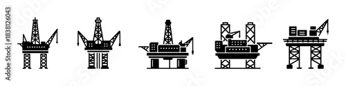 A collection of offshore oil rig platforms in black silhouette, depicting various designs and structures.