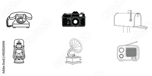 Vintage electronics and appliances line art collection on a white background
