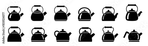 A diverse collection of teapot icons in black silhouette, showing various shapes and handle designs.