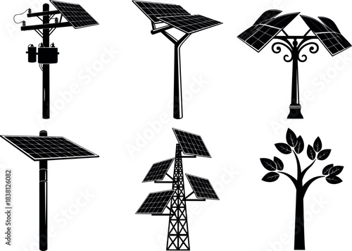 Flavector, solar panel pole designs, renewable energy structures, urban solar installations, eco-friendly grid, stylized solar silhouettes
