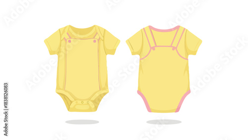 Adorable Baby Bodysuit Illustration: Yellow Outfit with Delicate Pink Accents Depicting Front and Back Views for Apparel Design