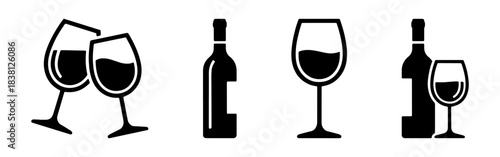 A set of wine bottle and wine glass icons in black silhouette, including a corkscrew and a toasting scene.
