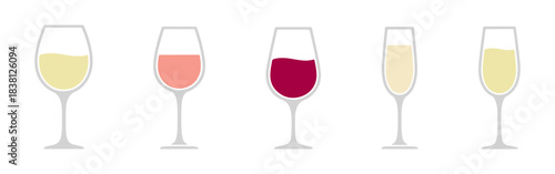 A collection of wine glass and champagne flute icons, showing different wine colors: white, rosé, and red.