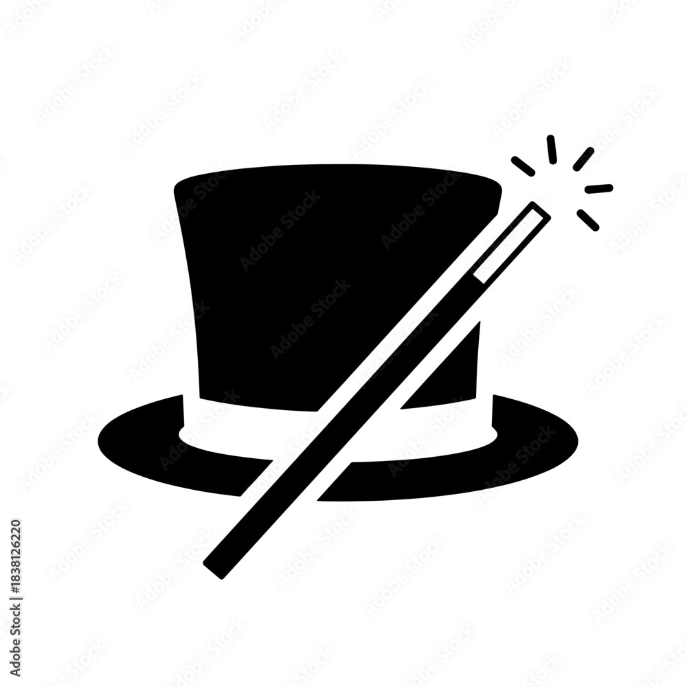 Fototapeta premium A black silhouette icon of a top hat with a magic wand resting on it, symbolizing magic and illusion.