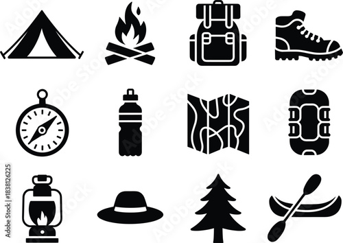 Twelve outdoor adventure and camping icons on a white background Keywords: tent, camping
