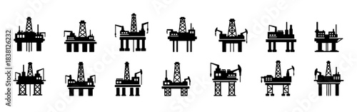 A collection of offshore oil rig platforms in black silhouette, depicting various designs and structures.