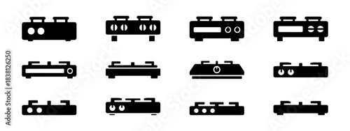 A set of gas stove icons in black silhouette, representing different cooktop styles and burner configurations.