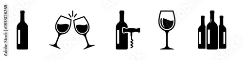 A set of wine bottle and wine glass icons in black silhouette, including a corkscrew and a toasting scene.
