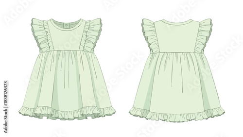 Technical fashion drawing of a pastel green baby dress with ruffles on the sleeves and hemline presented on a white backdrop