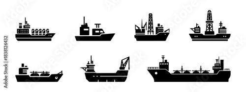 A set of ships and oil tankers in black silhouette, including cargo and drilling vessels.