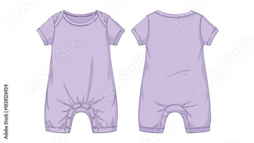 Baby romper in pastel lavender, technical sketch displaying front and back views for fashion design specifications
