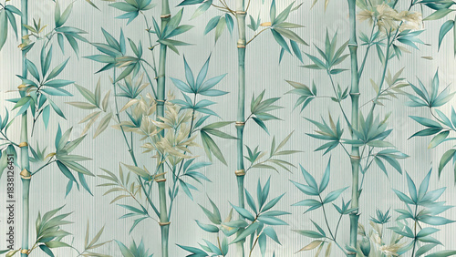 Seamless illustration of bamboo forest with stalks and leaves in shades of teal and mint green