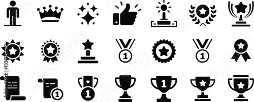 Award icons, achievement symbols, recognition vector set, trophy and medal design, excellence illustration, black silhouette, success graphic, flat style