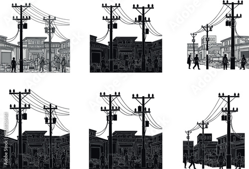 Flavector, urban street scenes with utility poles, power lines, silhouettes, infrastructure, buildings, people, city life