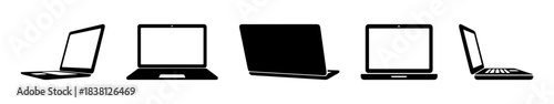 A series of laptop and tablet computer icons in black silhouette, shown from various angles and perspectives.