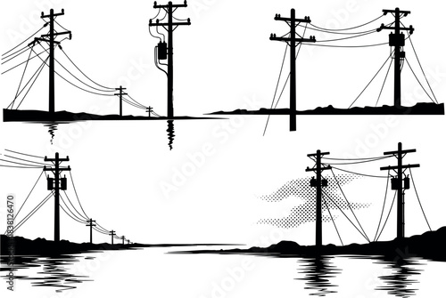 Flavector, utility pole silhouettes with water reflections, power lines, transformers, rural infrastructure, stylized cloud background