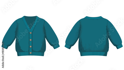 Teal V-Neck Cardigan Vector Illustration: Detailed Front and Back View for Design and Fashion Projects