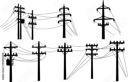Flavector, utility pole silhouettes, electrical wire configurations, transformer setups, insulator designs, power grid layout, infrastructure diversity