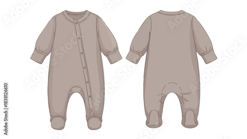 Minimalist Baby Sleepsuit Design: Front and Back View of a One-Piece Outfit in Neutral Tone, Perfect for Infant Apparel Presentation