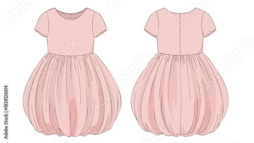 Detailed front and back sketch of a light pink bubble dress with short sleeves for girls design illustration fashion drawing style