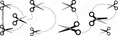Scissors motion illustration, cutting path concept, dashed line design, black vector tools, process symbol, transformation layout, white background, creative sequence