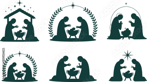 Nativity scene, Christmas silhouette, holy family illustration, manger design, religious festive art, Bethlehem star, spiritual theme, vector content, flat style, celebration