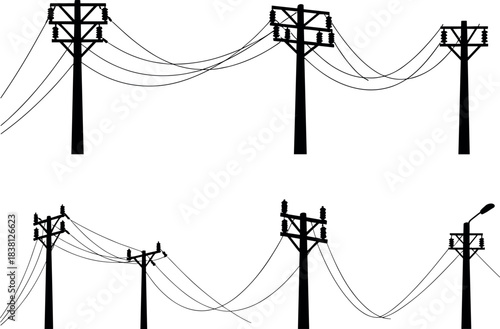 Flavector, utility pole silhouettes, power line arcs, insulator designs, streetlight fixture, electrical grid layout, infrastructure diversity